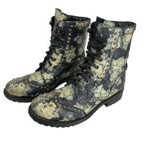 Ash Combat Biker Ankle Boots Size EU 40 US 9 Floral Studded‎ Black Leather